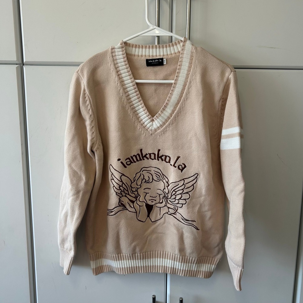 iamkoko.la Los Angeles Cherub Angel V-Neck Varsity Sweater Tan Beige SM